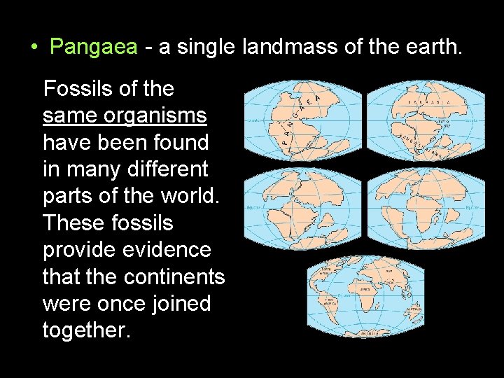  • Pangaea - a single landmass of the earth. Fossils of the same