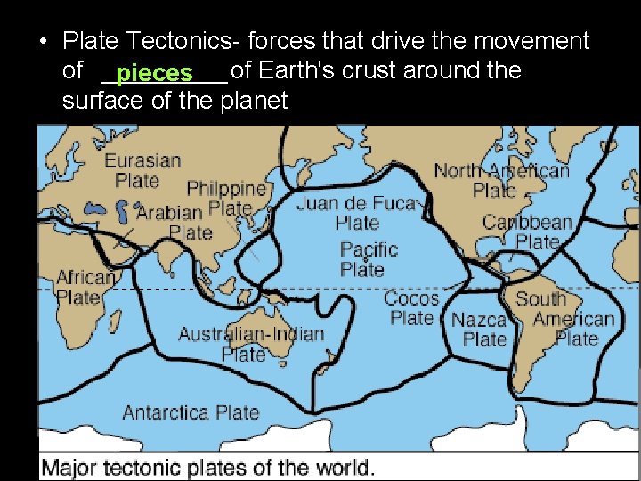  • Plate Tectonics- forces that drive the movement of _____ pieces of Earth's