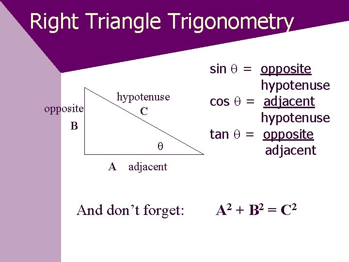 Right Triangle Trigonometry hypotenuse C opposite B A sin = opposite hypotenuse cos =