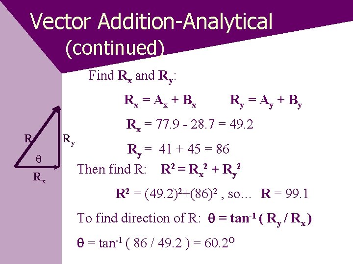 Vector Addition-Analytical (continued) Find Rx and Ry: Rx = A x + B x