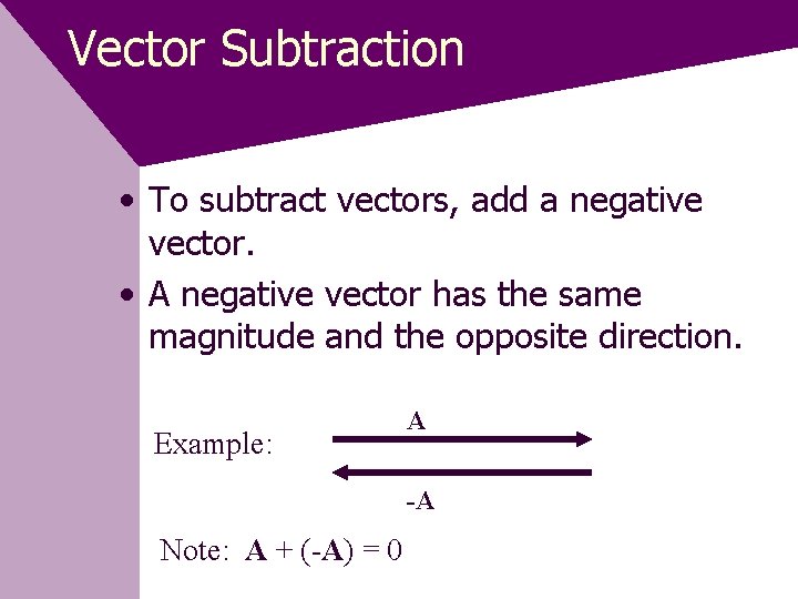 Vector Subtraction • To subtract vectors, add a negative vector. • A negative vector