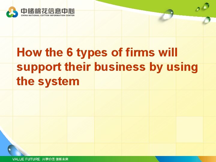 How the 6 types of firms will support their business by using the system