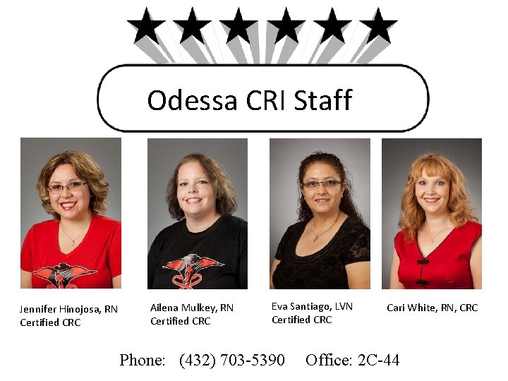 Odessa CRI Staff Jennifer Hinojosa, RN Certified CRC Ailena Mulkey, RN Certified CRC Eva
