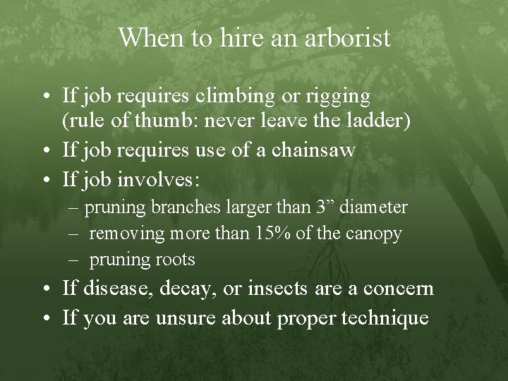 When to hire an arborist • If job requires climbing or rigging (rule of