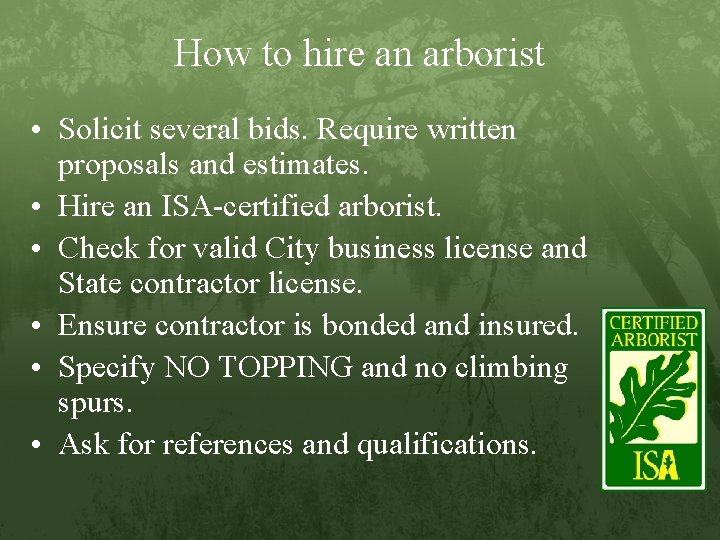 How to hire an arborist • Solicit several bids. Require written proposals and estimates.