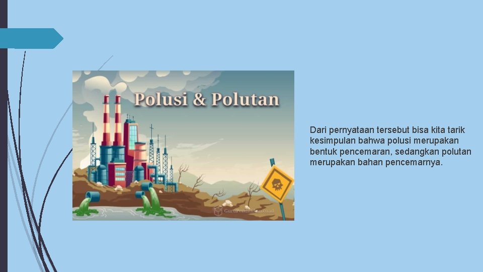 Dari pernyataan tersebut bisa kita tarik kesimpulan bahwa polusi merupakan bentuk pencemaran, sedangkan polutan