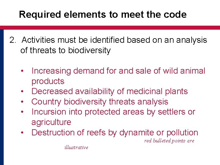 Required elements to meet the code 2. Activities must be identified based on an