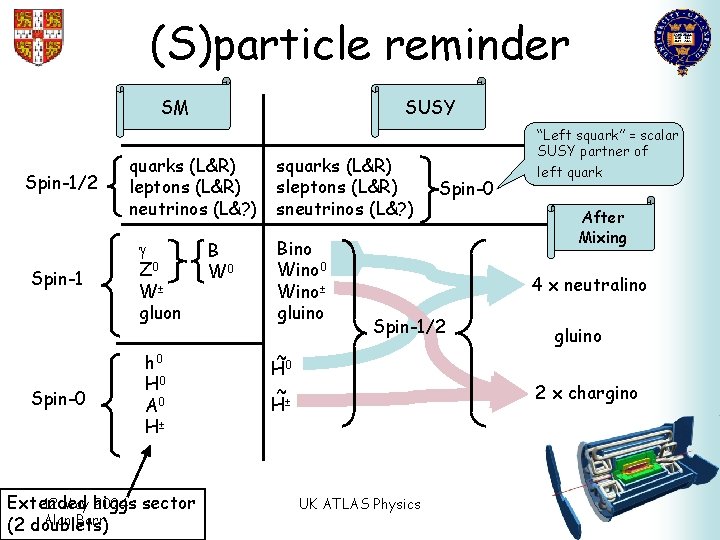 (S)particle reminder SM Spin-1/2 Spin-1 Spin-0 SUSY quarks (L&R) leptons (L&R) neutrinos (L&? )