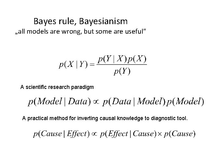 Bayes rule, Bayesianism „all models are wrong, but some are useful” A scientific research