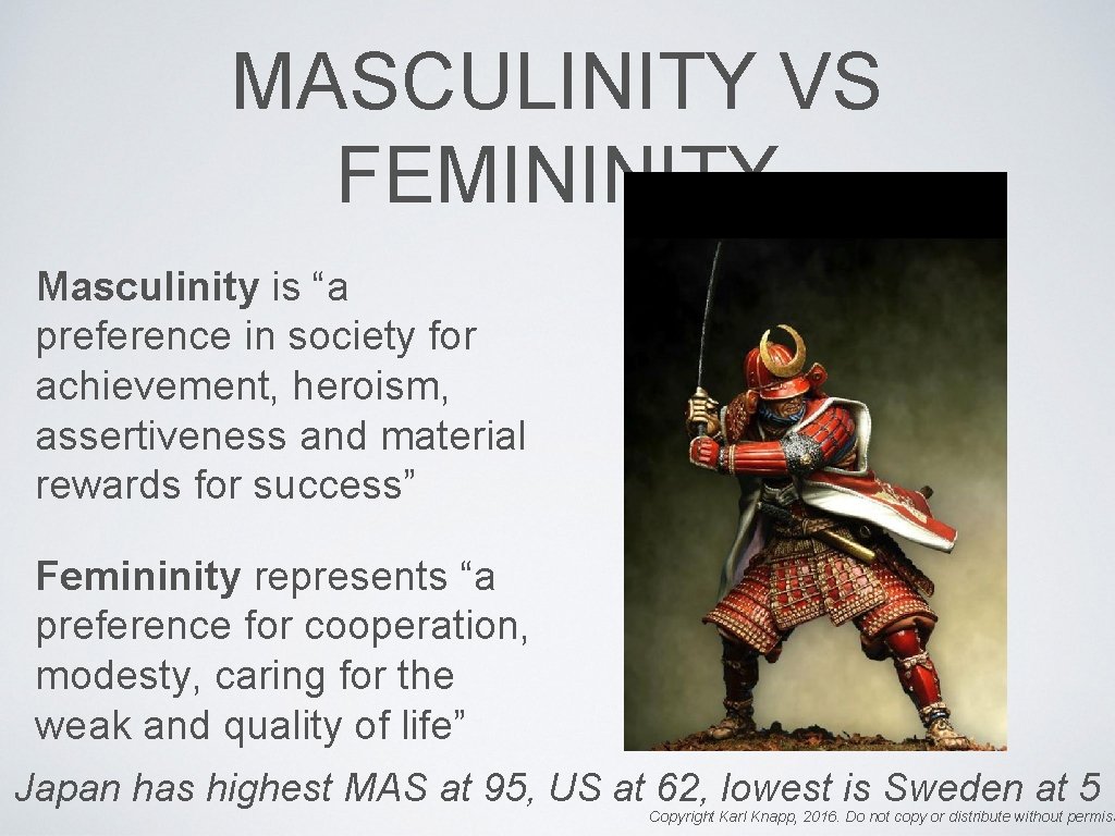MASCULINITY VS FEMININITY Masculinity is “a preference in society for achievement, heroism, assertiveness and