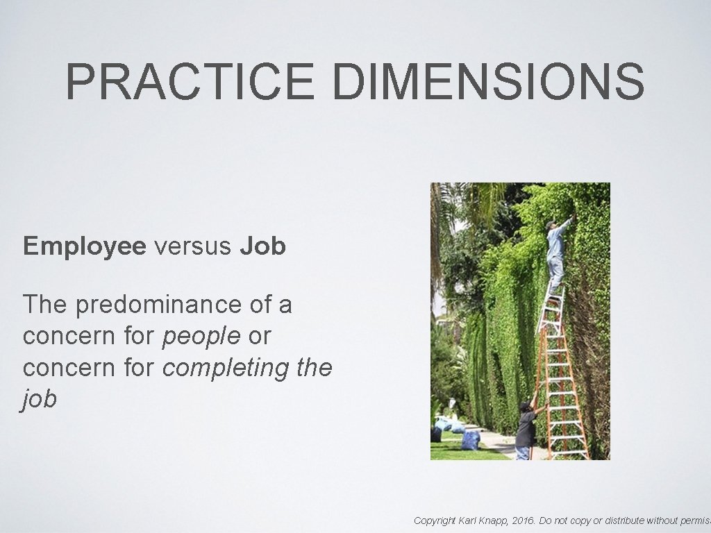 PRACTICE DIMENSIONS Employee versus Job The predominance of a concern for people or concern