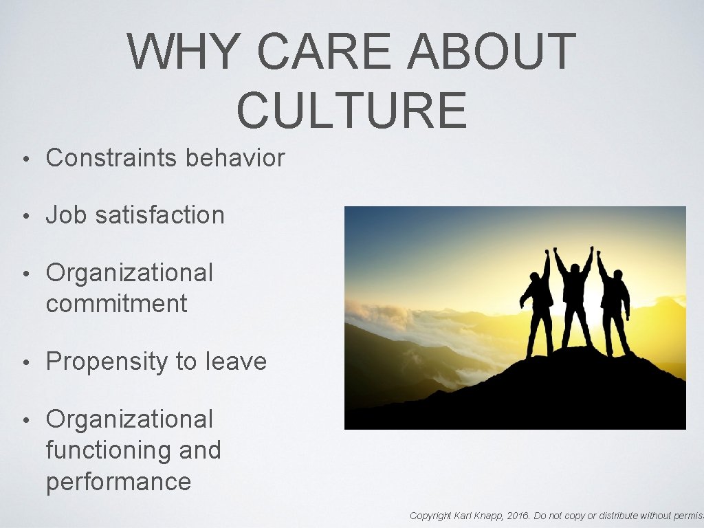WHY CARE ABOUT CULTURE • Constraints behavior • Job satisfaction • Organizational commitment •