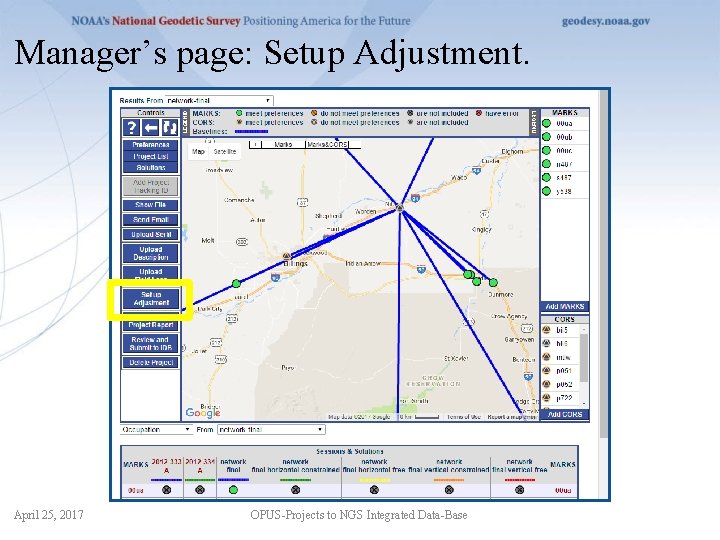 Manager’s page: Setup Adjustment. April 25, 2017 OPUS-Projects to NGS Integrated Data-Base 