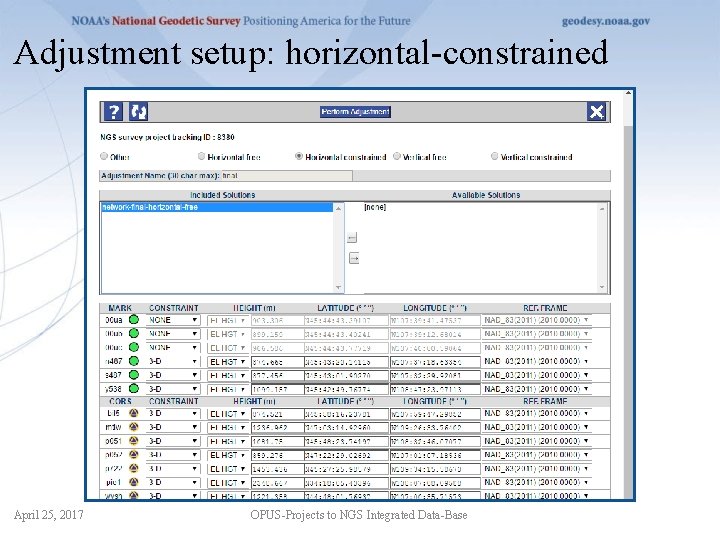 Adjustment setup: horizontal-constrained April 25, 2017 OPUS-Projects to NGS Integrated Data-Base 