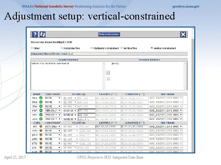 Adjustment setup: vertical-constrained April 25, 2017 OPUS-Projects to NGS Integrated Data-Base 