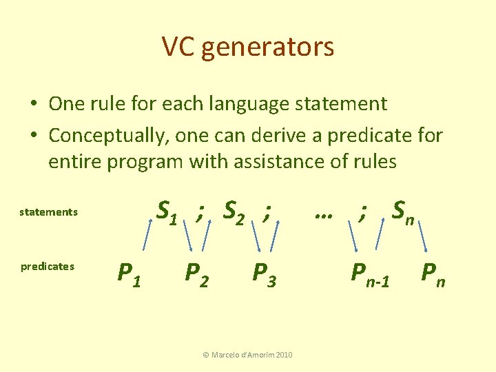 VC generators • One rule for each language statement • Conceptually, one can derive