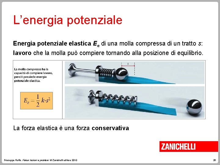 L’energia potenziale Energia potenziale elastica Ee di una molla compressa di un tratto s: