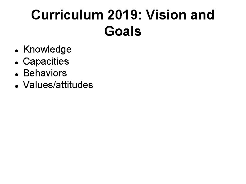 Curriculum 2019: Vision and Goals Knowledge Capacities Behaviors Values/attitudes 