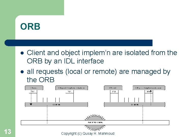 ORB l l 13 Client and object implem’n are isolated from the ORB by