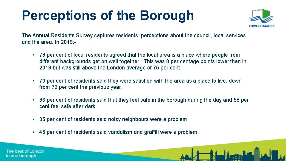 Perceptions of the Borough The Annual Residents Survey captures residents perceptions about the council,