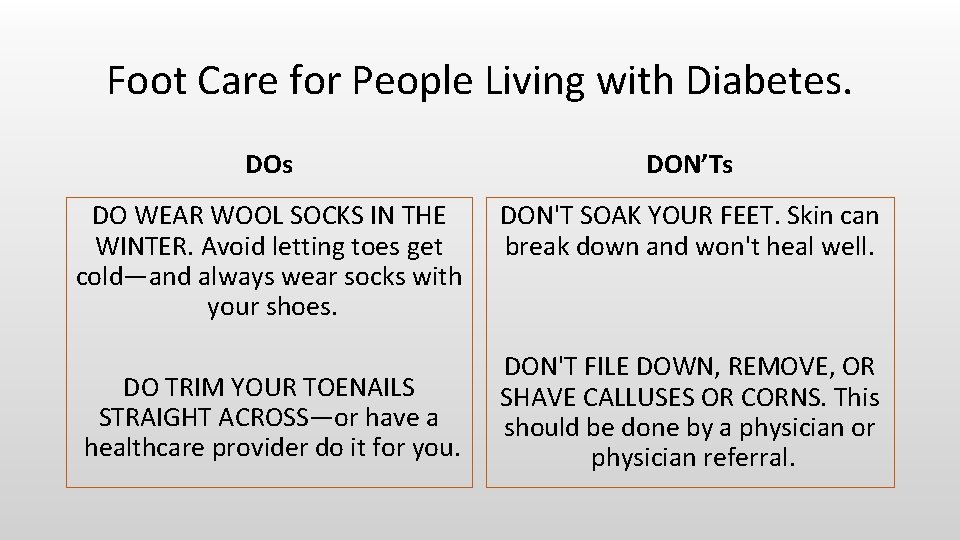 Foot Care for People Living with Diabetes. DOs DON’Ts DO WEAR WOOL SOCKS IN