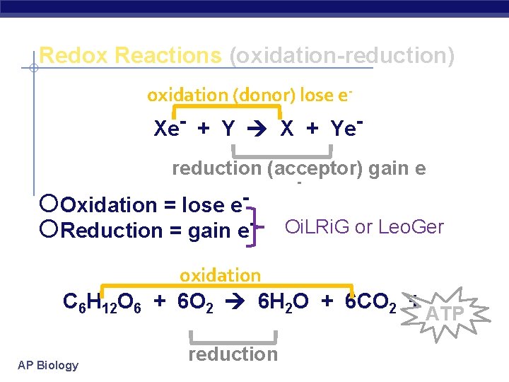 Redox Reactions (oxidation-reduction) oxidation (donor) lose e- Xe- + Y X + Yereduction (acceptor)