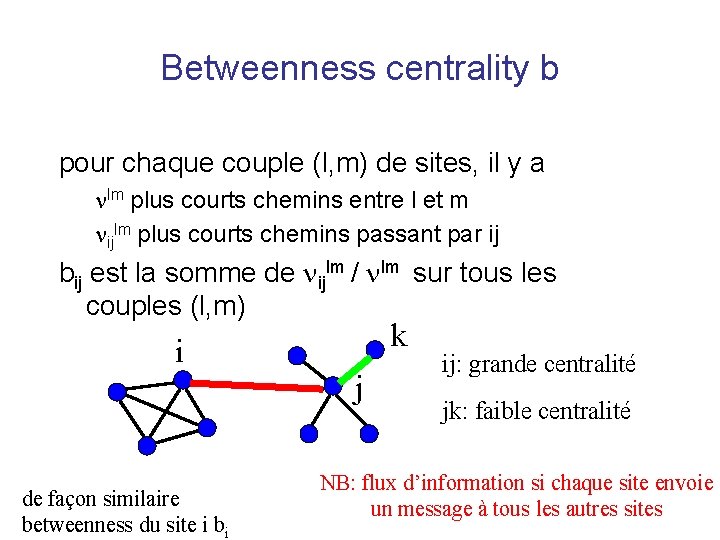 Betweenness centrality b pour chaque couple (l, m) de sites, il y a nlm