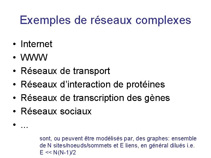Exemples de réseaux complexes • • Internet WWW Réseaux de transport Réseaux d’interaction de
