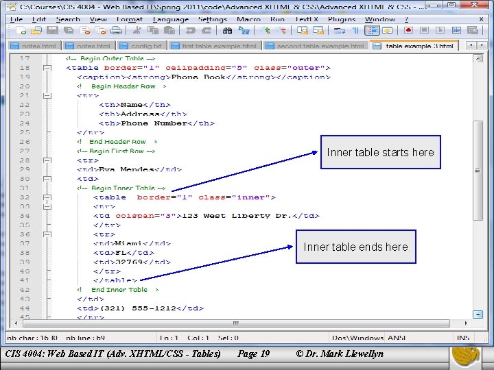 Inner table starts here Inner table ends here CIS 4004: Web Based IT (Adv.