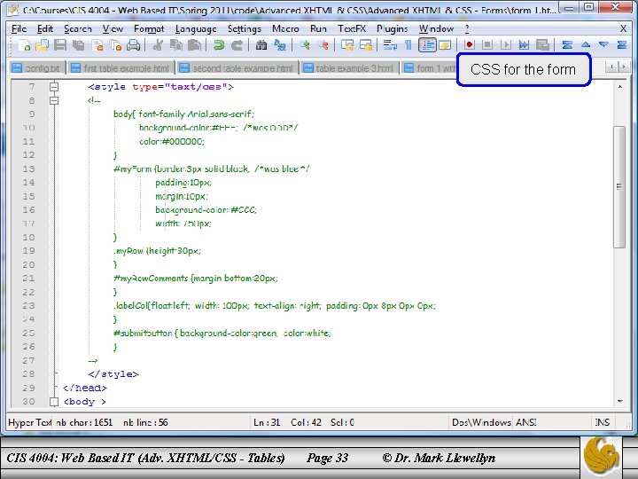 CSS for the form CIS 4004: Web Based IT (Adv. XHTML/CSS - Tables) Page