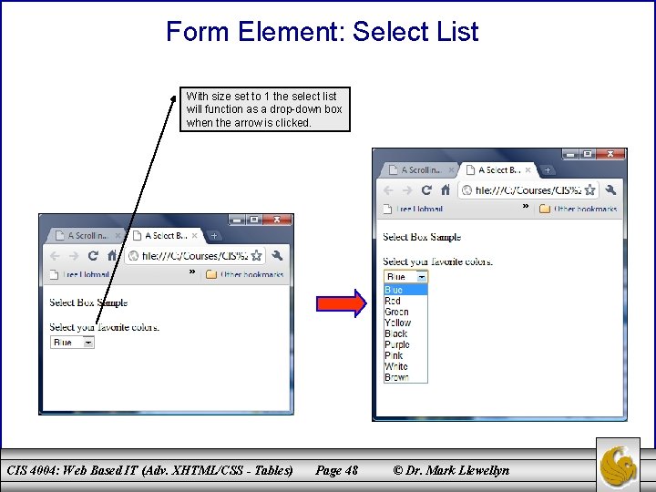 Form Element: Select List With size set to 1 the select list will function