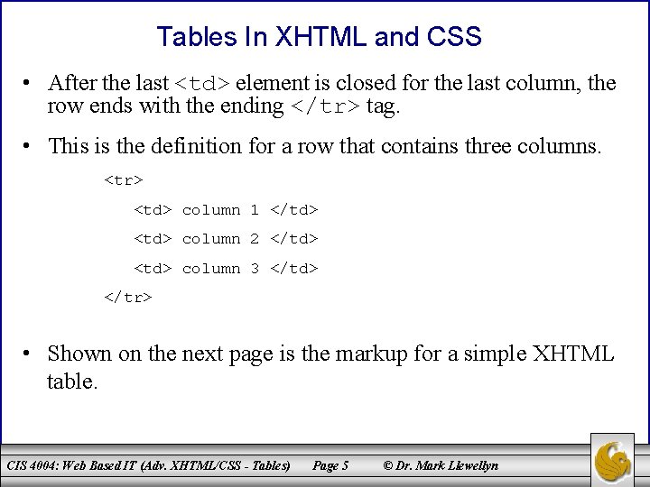 Tables In XHTML and CSS • After the last <td> element is closed for