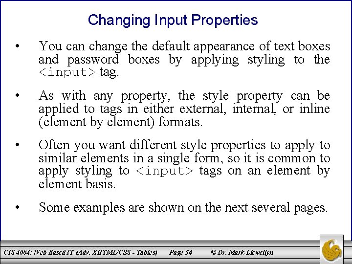 Changing Input Properties • You can change the default appearance of text boxes and