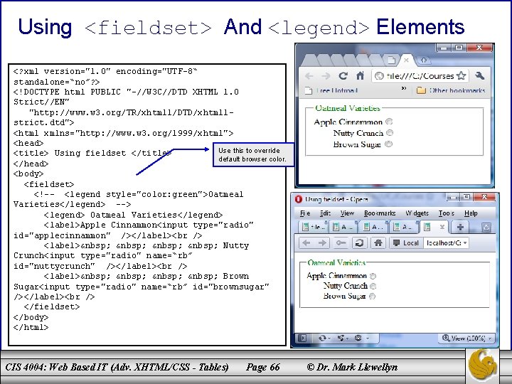 Using <fieldset> And <legend> Elements <? xml version="1. 0" encoding="UTF-8“ standalone=“no”? > <!DOCTYPE html