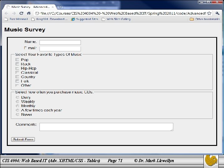 CIS 4004: Web Based IT (Adv. XHTML/CSS - Tables) Page 71 © Dr. Mark