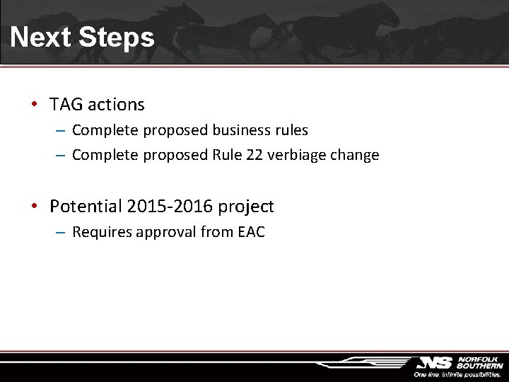 Next Steps • TAG actions – Complete proposed business rules – Complete proposed Rule