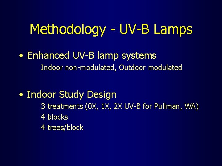 Methodology - UV-B Lamps • Enhanced UV-B lamp systems Indoor non-modulated, Outdoor modulated •