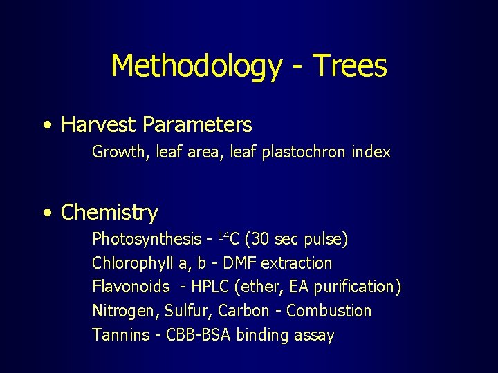 Methodology - Trees • Harvest Parameters Growth, leaf area, leaf plastochron index • Chemistry