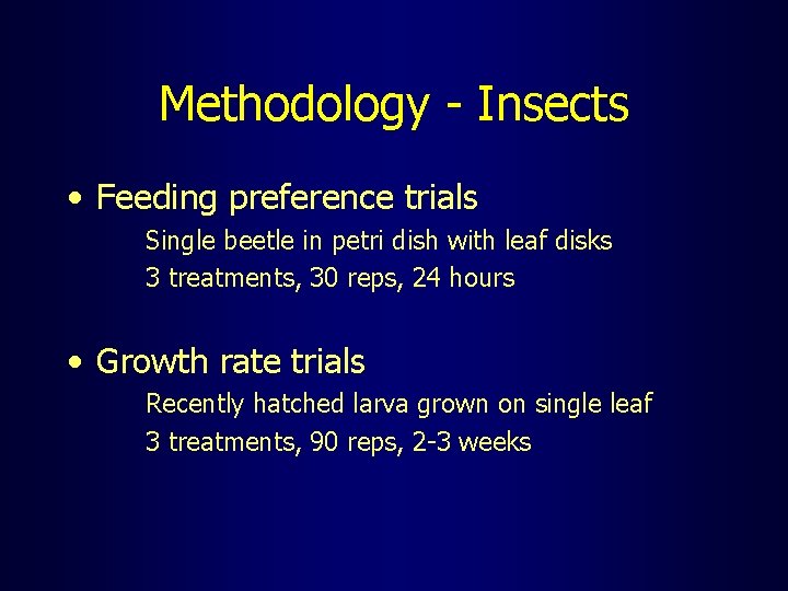 Methodology - Insects • Feeding preference trials Single beetle in petri dish with leaf