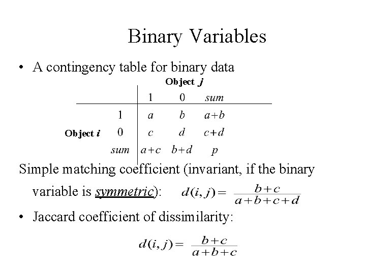 Binary Variables • A contingency table for binary data Object j Object i Simple