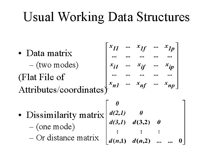 Usual Working Data Structures • Data matrix – (two modes) (Flat File of Attributes/coordinates)