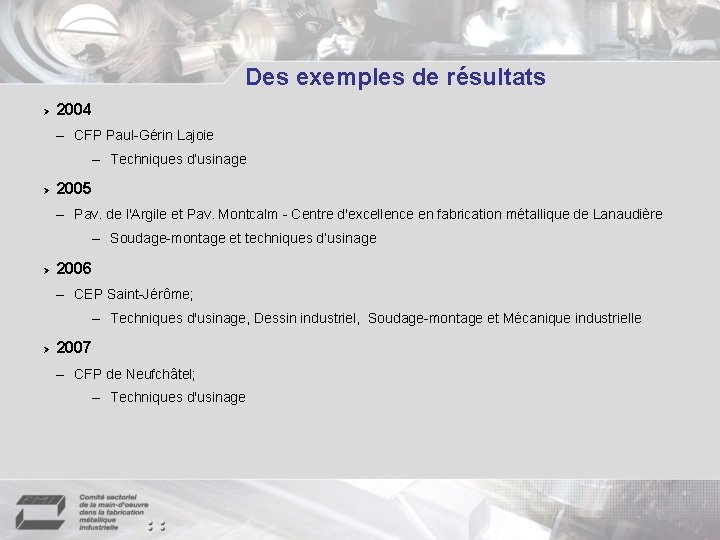 Des exemples de résultats 2004 – CFP Paul-Gérin Lajoie – Techniques d’usinage 2005 –