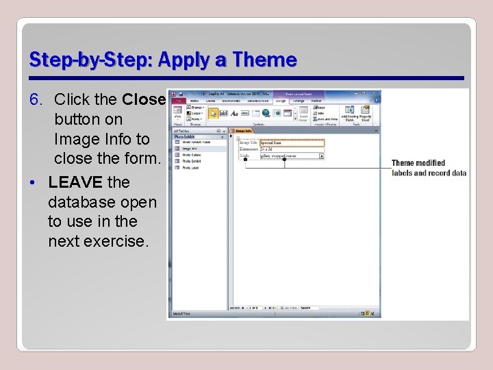 Step-by-Step: Apply a Theme 6. Click the Close button on Image Info to close