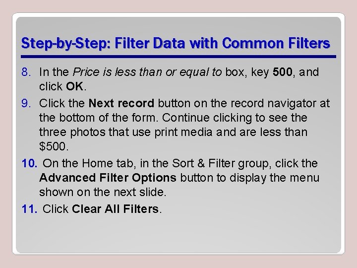 Step-by-Step: Filter Data with Common Filters 8. In the Price is less than or