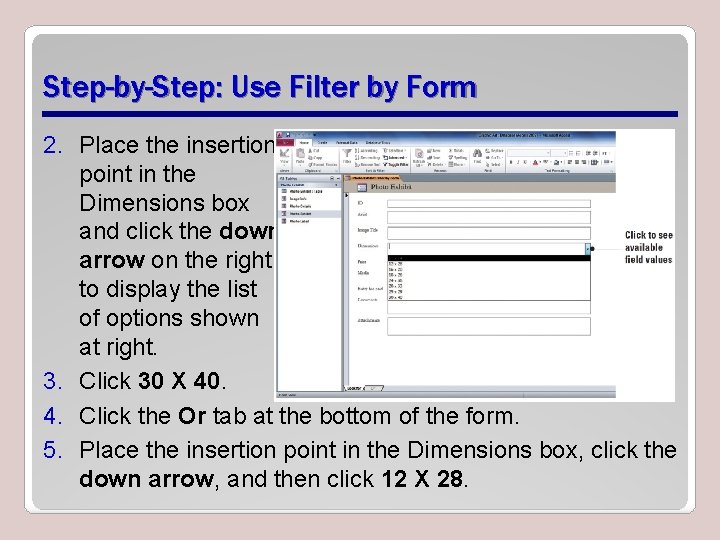 Step-by-Step: Use Filter by Form 2. Place the insertion point in the Dimensions box