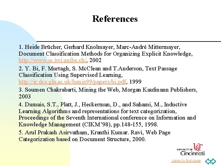 References 1. Heide Brücher, Gerhard Knolmayer, Marc-André Mittermayer, Document Classification Methods for Organizing Explicit