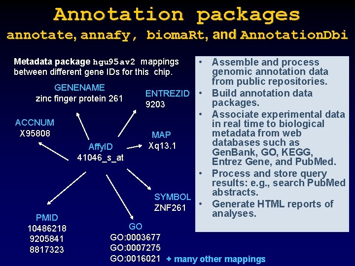 Annotation packages annotate, annafy, bioma. Rt, and Annotation. Dbi Metadata package hgu 95 av