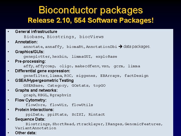 Bioconductor packages Release 2. 10, 554 Software Packages! • General infrastructure Biobase, Biostrings, bioc.