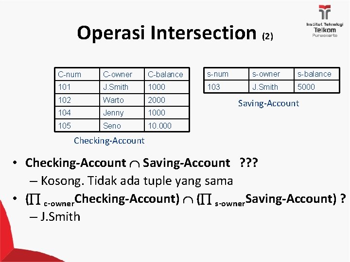 Operasi Intersection (2) C-num C-owner C-balance s-num s-owner s-balance 101 J. Smith 1000 103