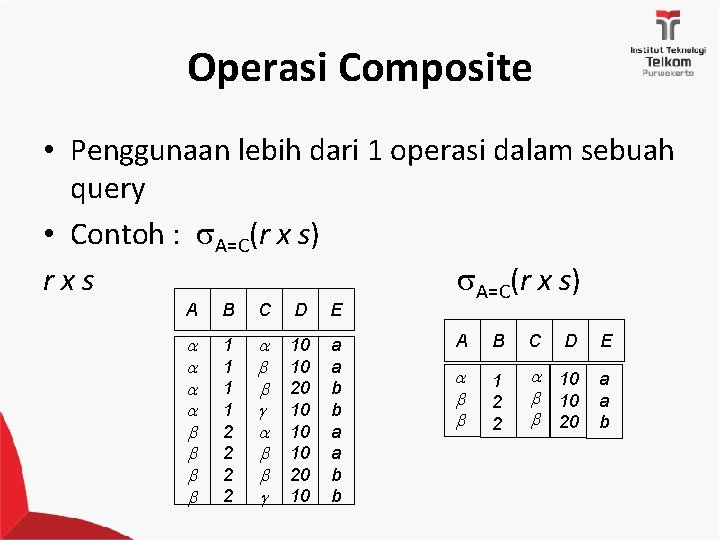 Operasi Composite • Penggunaan lebih dari 1 operasi dalam sebuah query • Contoh :